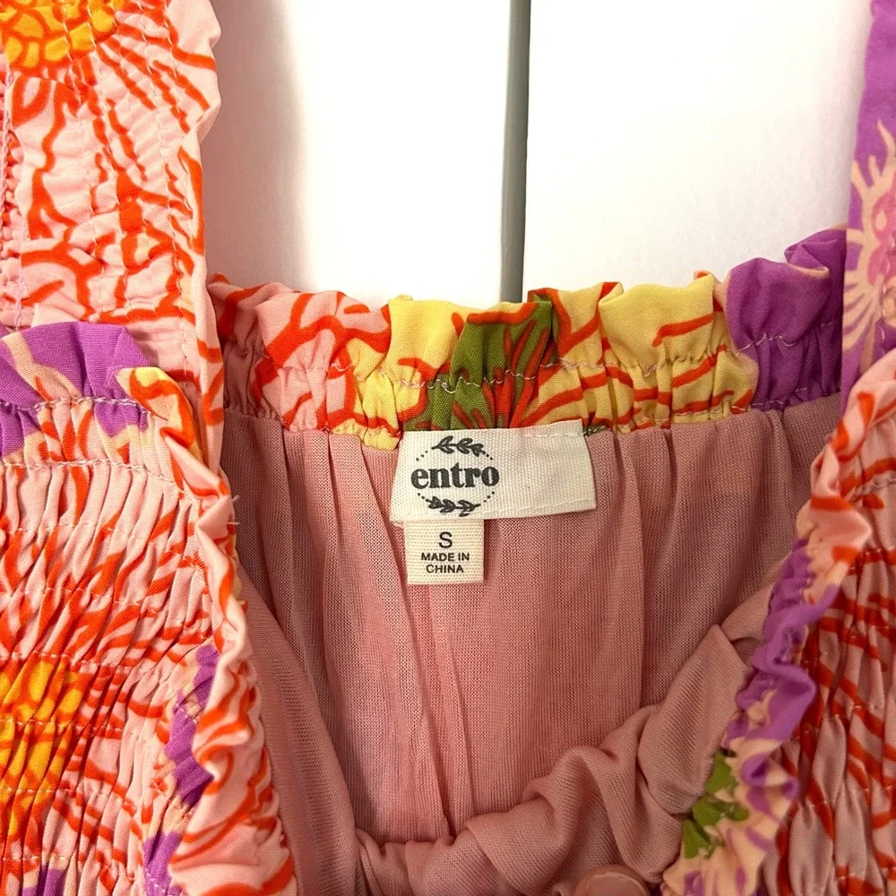 Entro NWOT floral smocked midi dress bright fun colorful pockets sundress multi - Picture 5 of 7
